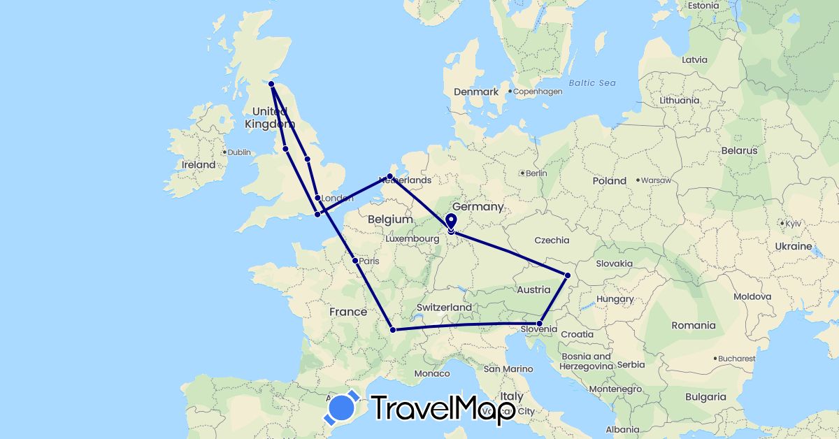 TravelMap itinerary: driving in Austria, Germany, France, United Kingdom, Netherlands, Slovenia (Europe)